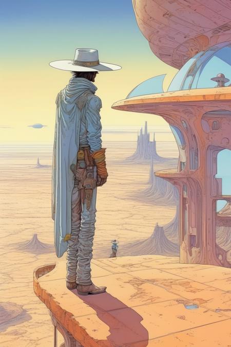 00439-2958413326-_lora_Moebius (Jean Giraud) Style_1_Moebius (Jean Giraud) Style - A cowboy in a hat stands on the balcony of a futuristic buildi.png